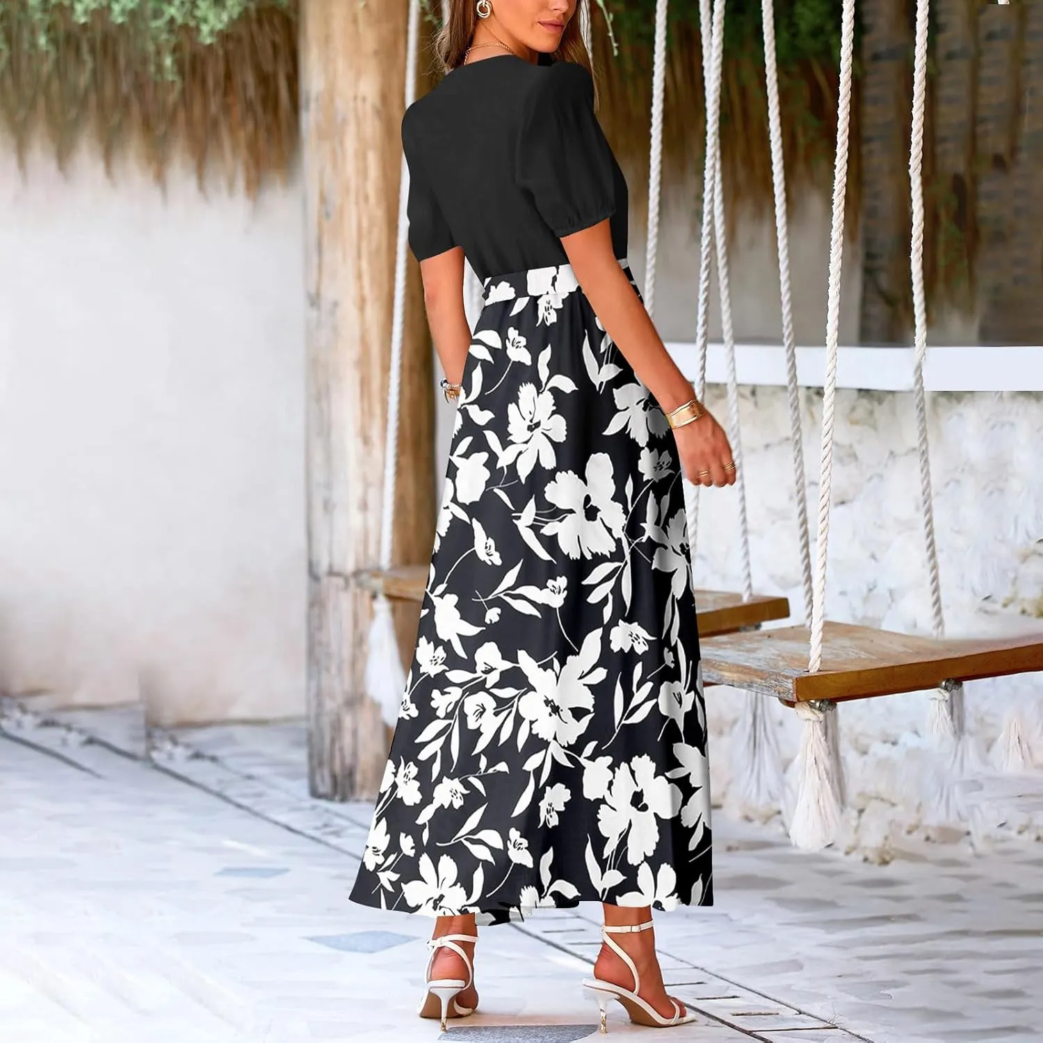 Resort Dresses for Women 2025 Vacation Floral Beach Wedding Guest Maxi Dress High Slit Ruffle Tea Party Midi Dress