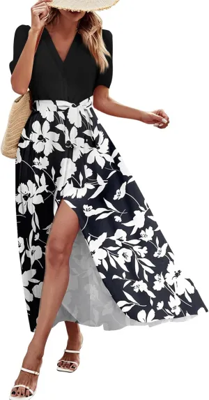 Resort Dresses for Women 2025 Vacation Floral Beach Wedding Guest Maxi Dress High Slit Ruffle Tea Party Midi Dress