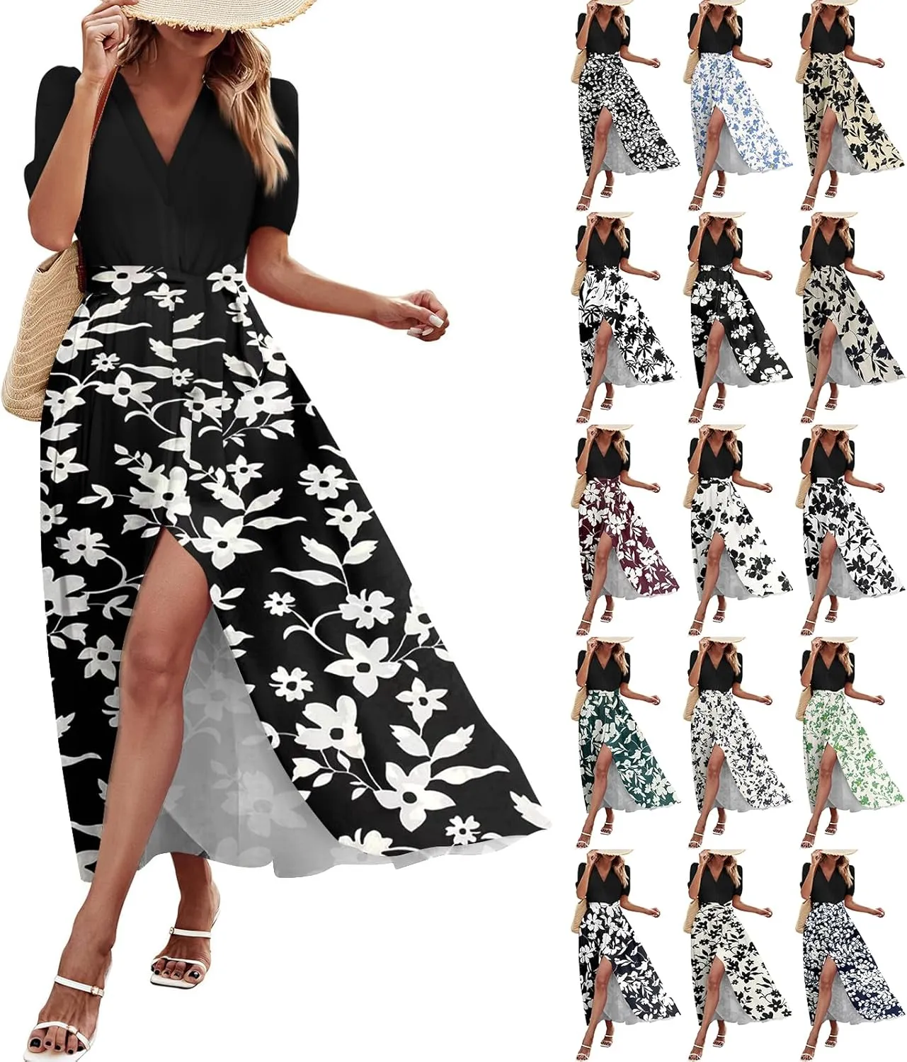 Resort Dresses for Women 2025 Vacation Floral Beach Wedding Guest Maxi Dress High Slit Ruffle Tea Party Midi Dress