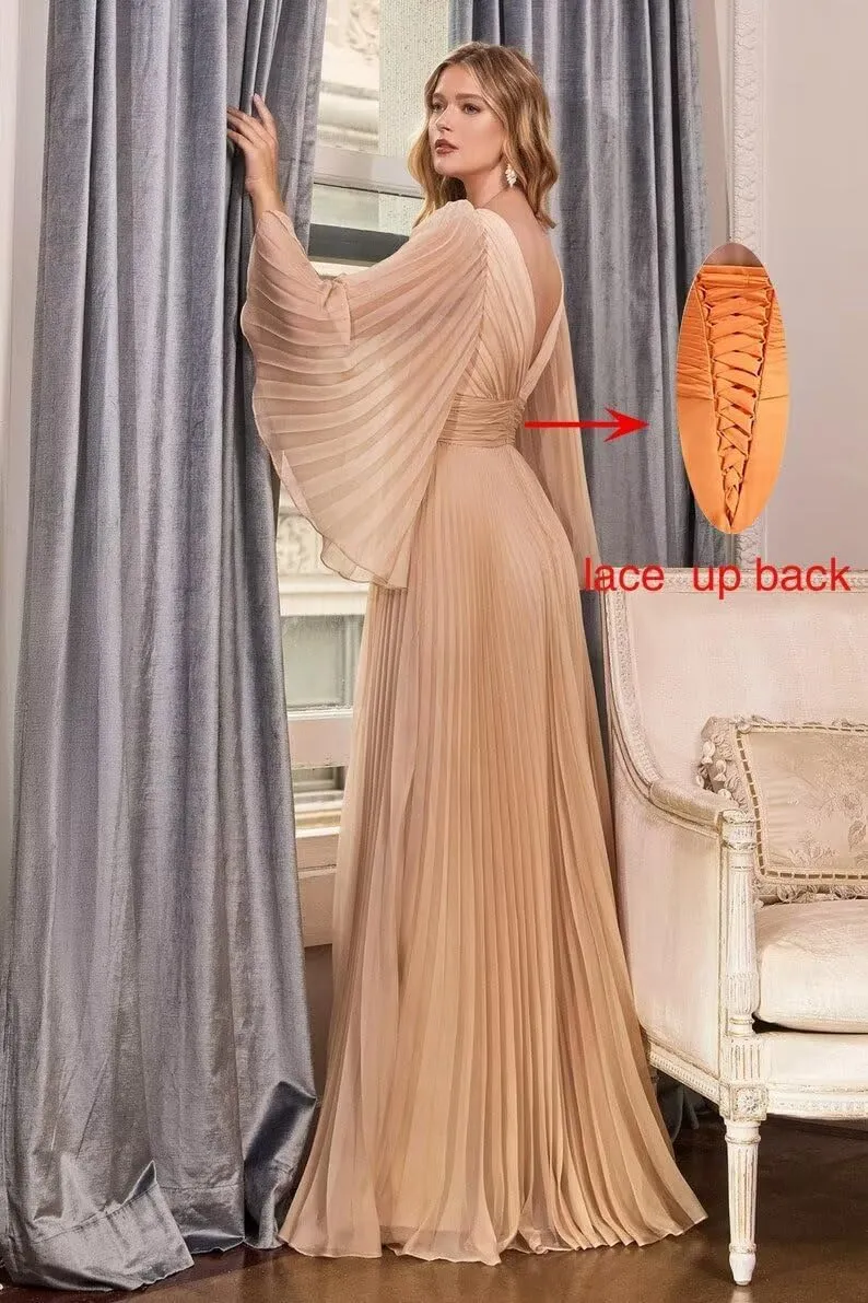 Rjer Long Sleeve Chiffon Bridesmaid Dresses for Women V Neck Pleated Maxi Dress A-line Formal Evening Party Gown