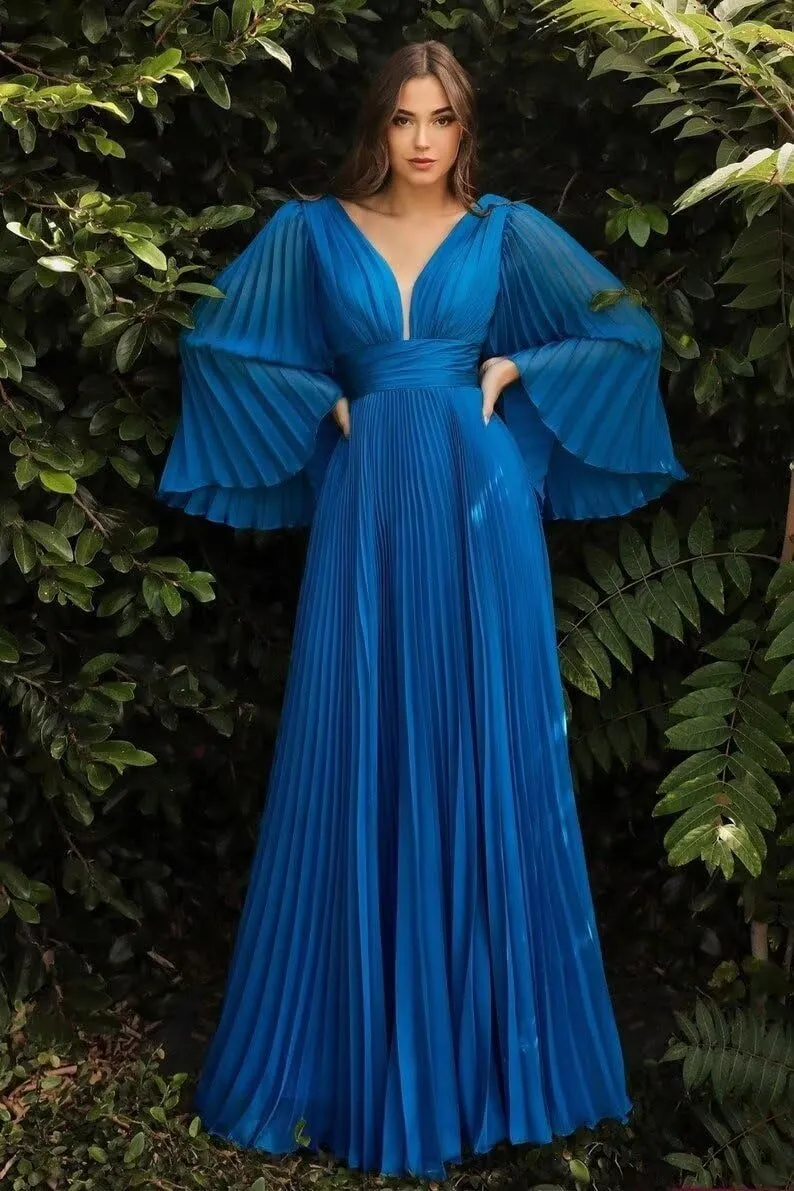 Rjer Long Sleeve Chiffon Bridesmaid Dresses for Women V Neck Pleated Maxi Dress A-line Formal Evening Party Gown