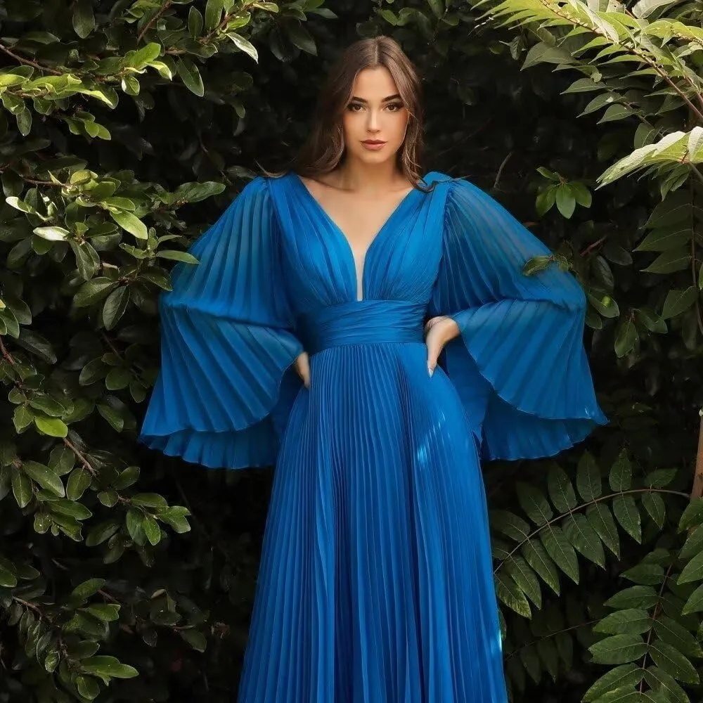 Rjer Long Sleeve Chiffon Bridesmaid Dresses for Women V Neck Pleated Maxi Dress A-line Formal Evening Party Gown