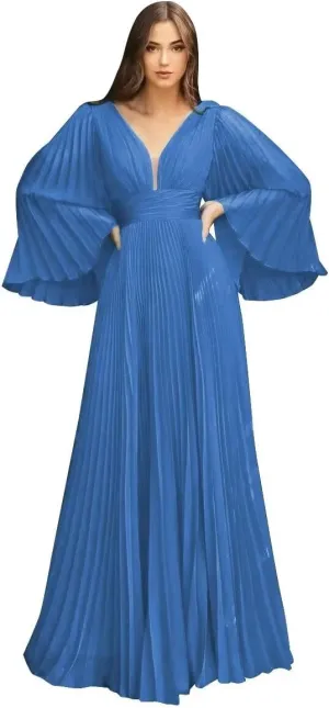 Rjer Long Sleeve Chiffon Bridesmaid Dresses for Women V Neck Pleated Maxi Dress A-line Formal Evening Party Gown