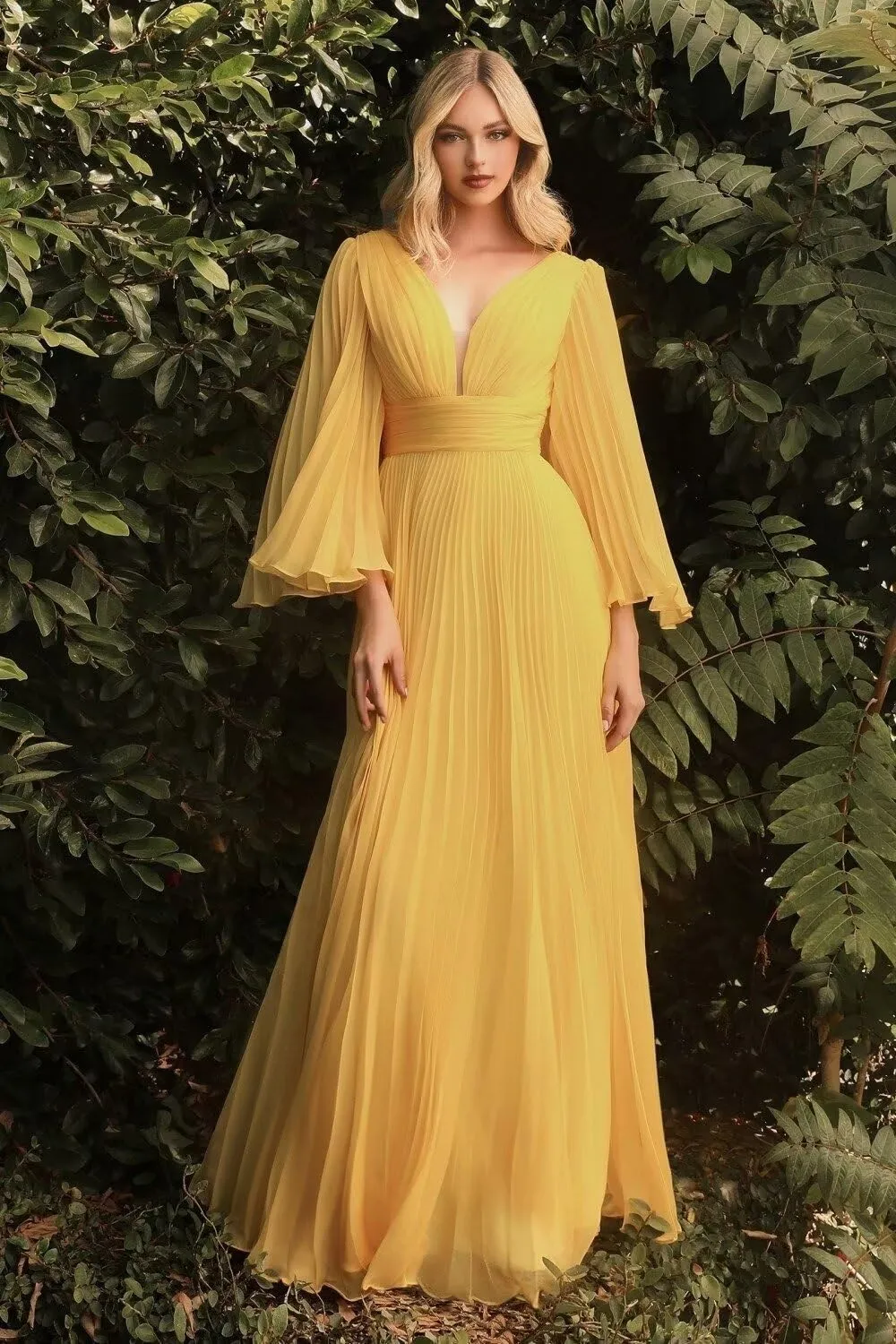Rjer Long Sleeve Chiffon Bridesmaid Dresses for Women V Neck Pleated Maxi Dress A-line Formal Evening Party Gown