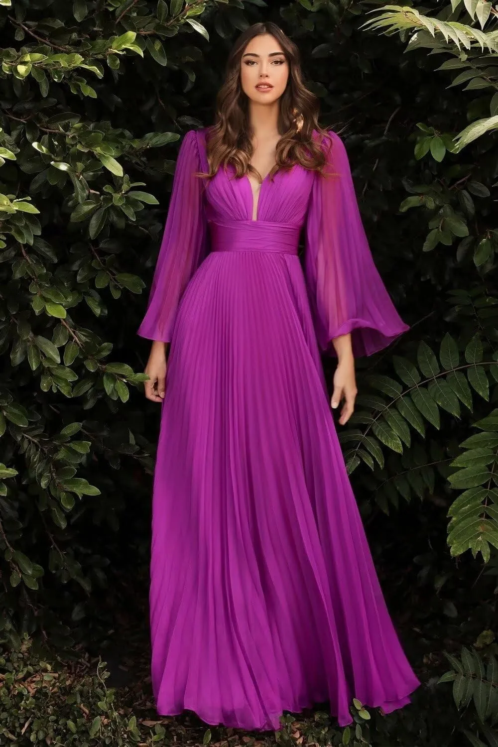 Rjer Long Sleeve Chiffon Bridesmaid Dresses for Women V Neck Pleated Maxi Dress A-line Formal Evening Party Gown