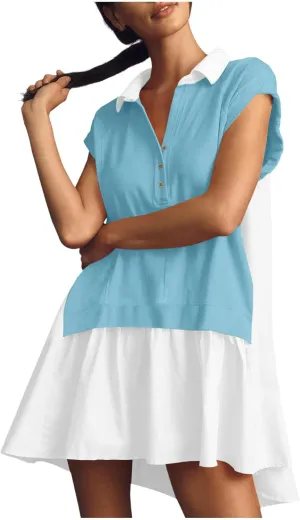 RKSTN Women's Trendy Patchwork Dresses Color Block Oversized Sweatshirt Dress Hoodie Shirt Short Sleeve Lapel Flowy Dress