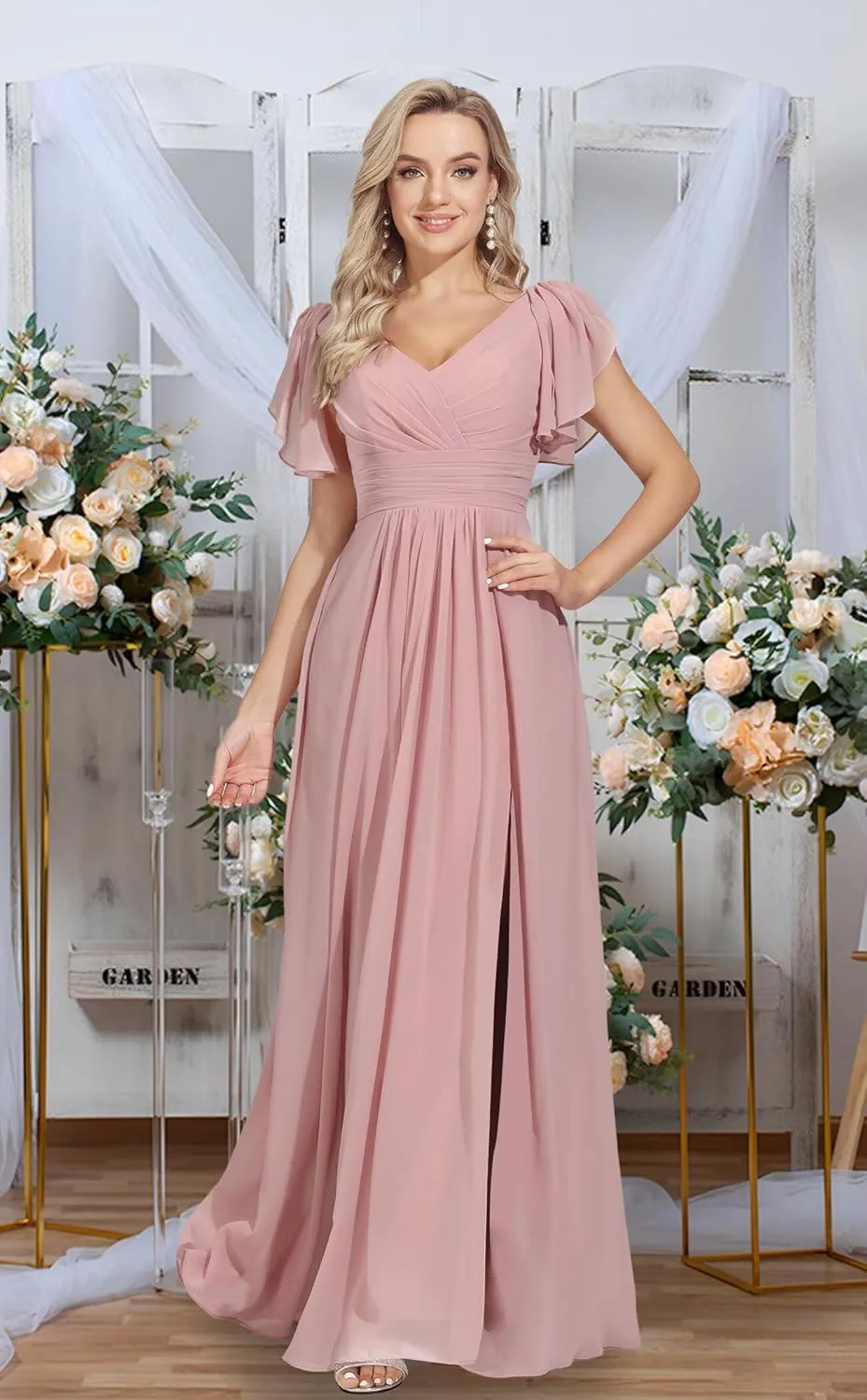 Rmaytiked Bridesmaid Dresses for Women with Slit V Neck Flutter Sleeves Long Wedding Guest Formal Evening Dress with Pockets