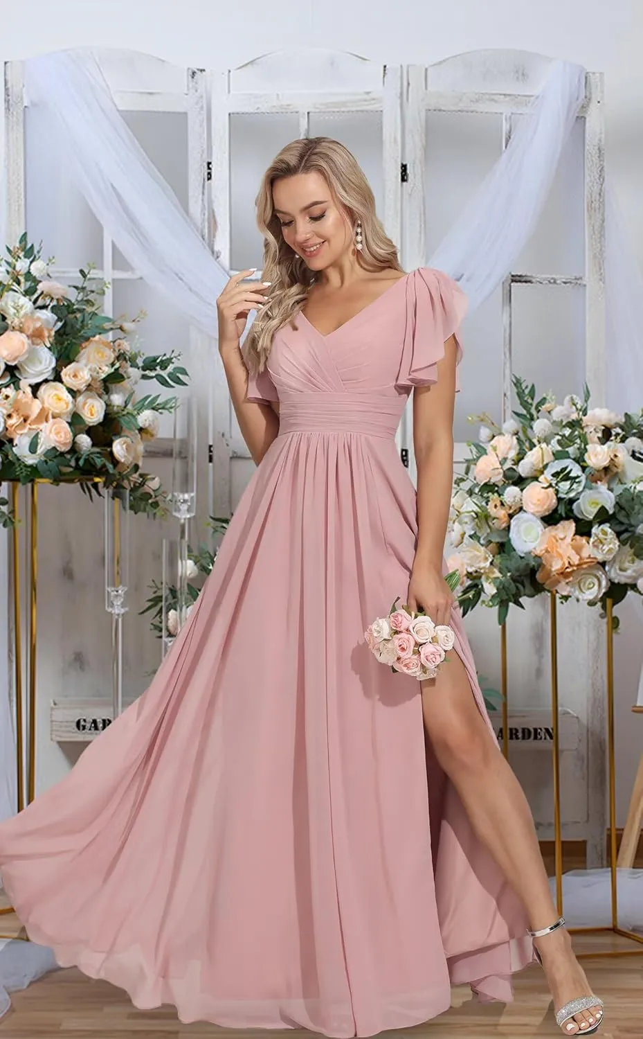 Rmaytiked Bridesmaid Dresses for Women with Slit V Neck Flutter Sleeves Long Wedding Guest Formal Evening Dress with Pockets