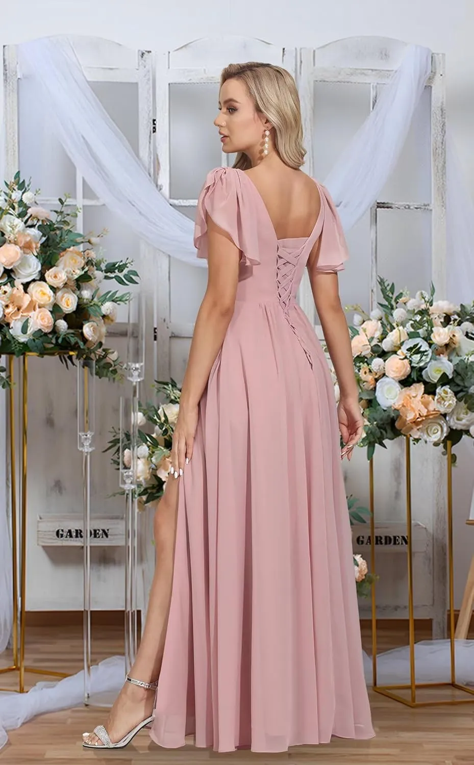 Rmaytiked Bridesmaid Dresses for Women with Slit V Neck Flutter Sleeves Long Wedding Guest Formal Evening Dress with Pockets