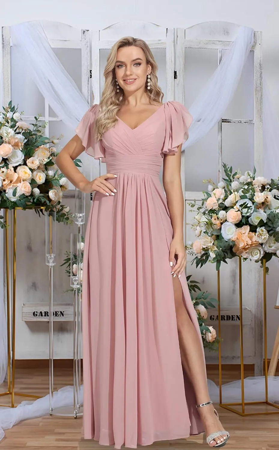 Rmaytiked Bridesmaid Dresses for Women with Slit V Neck Flutter Sleeves Long Wedding Guest Formal Evening Dress with Pockets