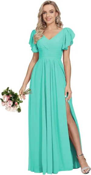 Rmaytiked Bridesmaid Dresses for Women with Slit V Neck Flutter Sleeves Long Wedding Guest Formal Evening Dress with Pockets