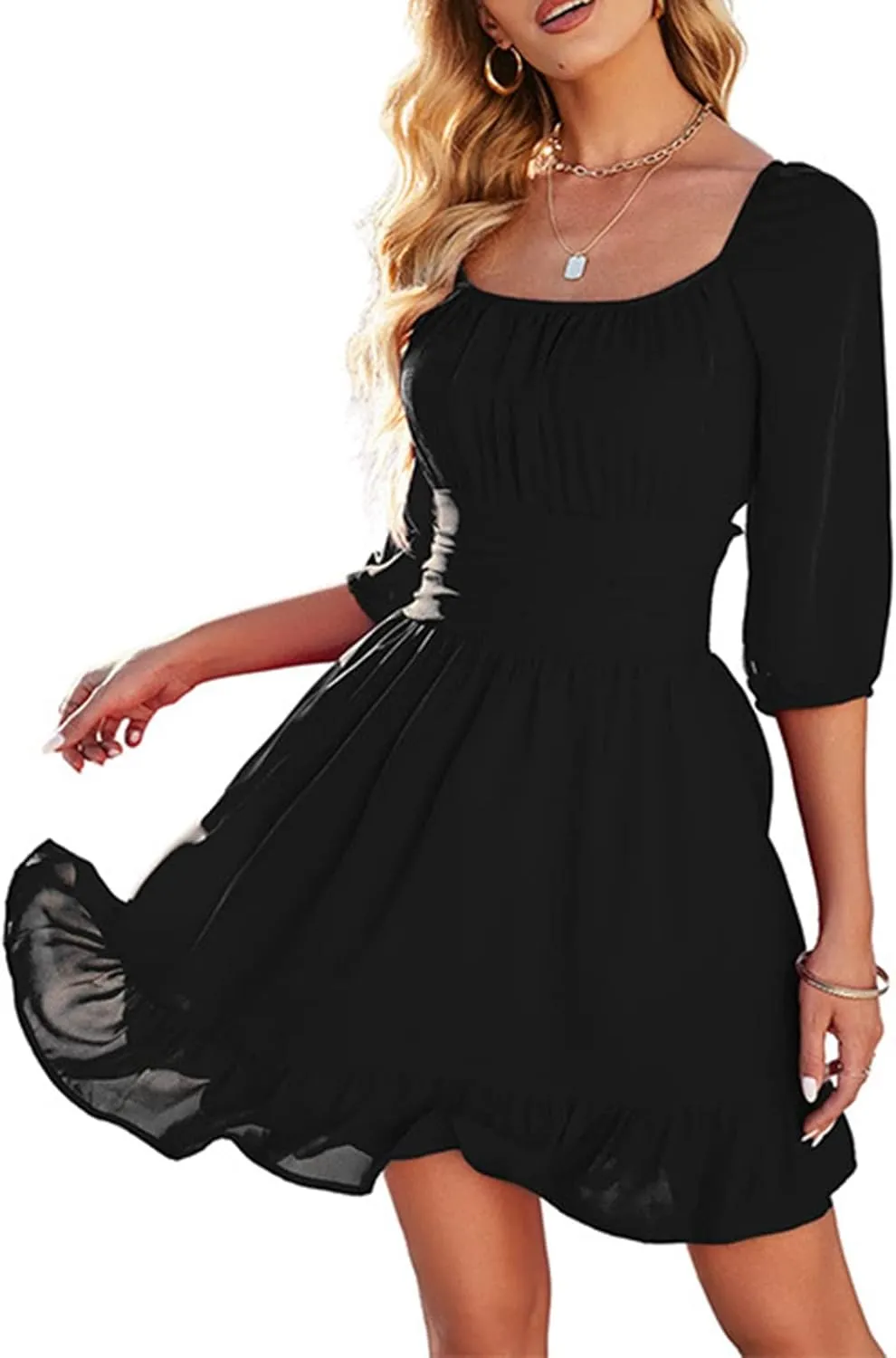 Ruched Dress for Women Casual Summer Square Collar Midi Sleeve Mini Dresses Solid Ruffles Hem Flowy Tunic Dress