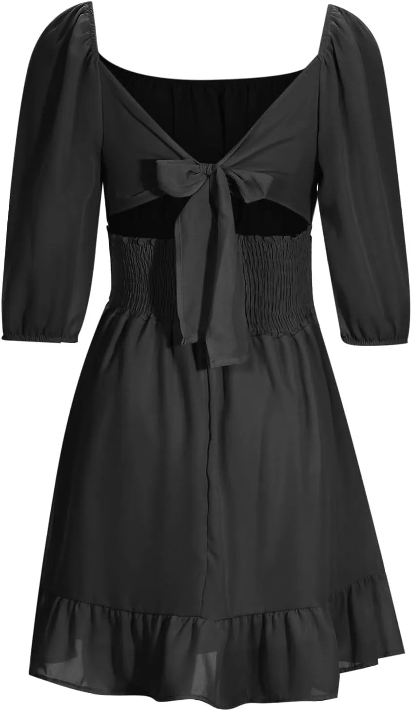 Ruched Dress for Women Casual Summer Square Collar Midi Sleeve Mini Dresses Solid Ruffles Hem Flowy Tunic Dress