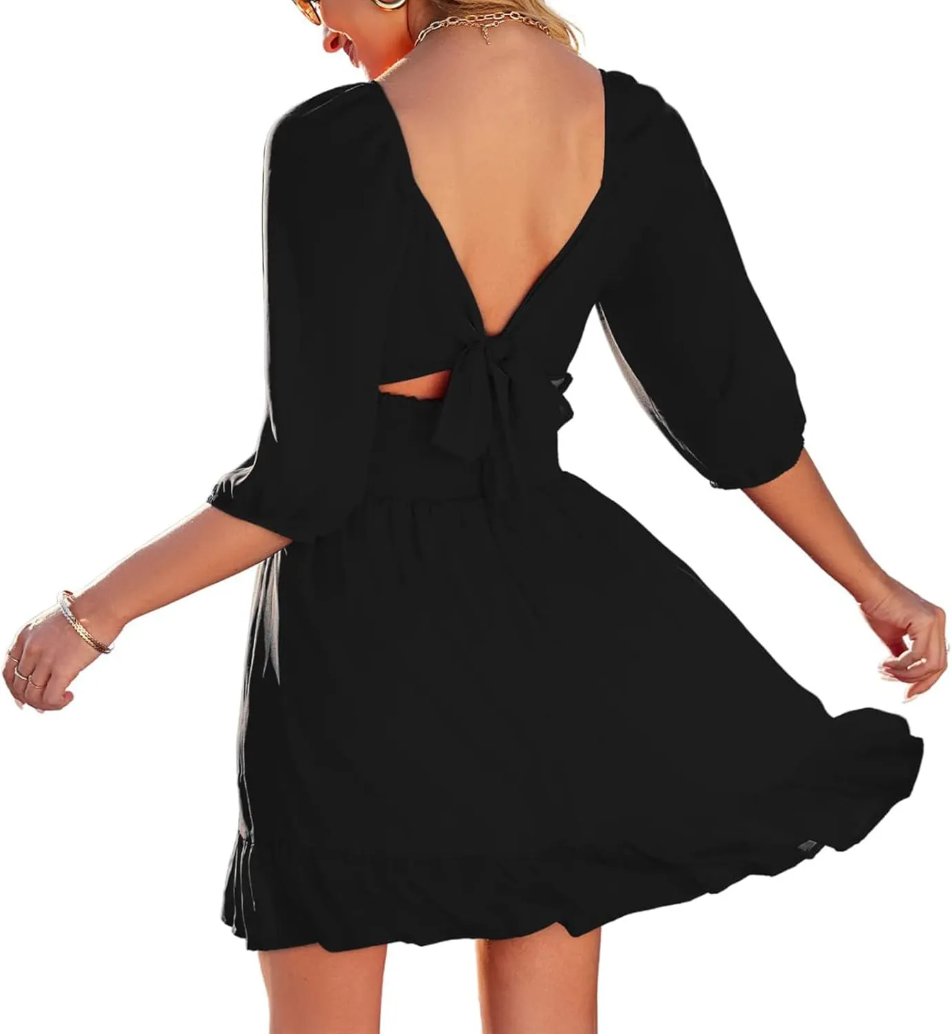 Ruched Dress for Women Casual Summer Square Collar Midi Sleeve Mini Dresses Solid Ruffles Hem Flowy Tunic Dress