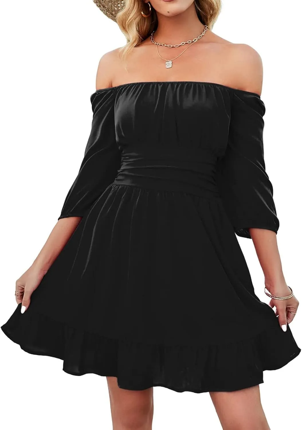 Ruched Dress for Women Casual Summer Square Collar Midi Sleeve Mini Dresses Solid Ruffles Hem Flowy Tunic Dress