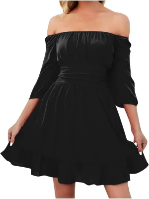 Ruched Dress for Women Casual Summer Square Collar Midi Sleeve Mini Dresses Solid Ruffles Hem Flowy Tunic Dress