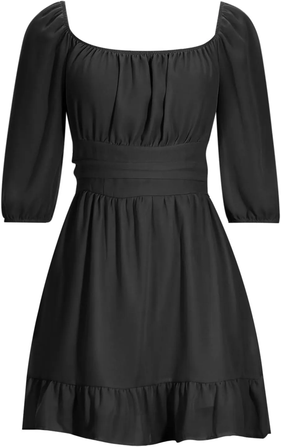 Ruched Dress for Women Casual Summer Square Collar Midi Sleeve Mini Dresses Solid Ruffles Hem Flowy Tunic Dress