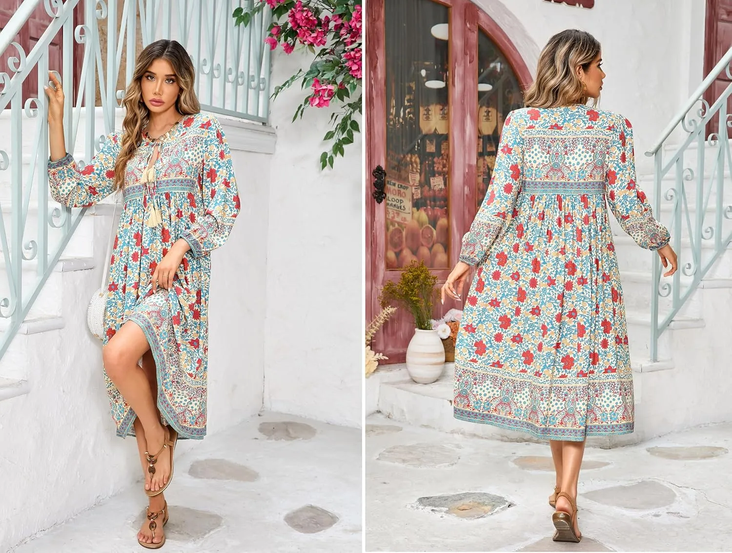 R.Vivimos Women's Long Sleeve Floral Print Retro V Neck Tassel Bohemian Midi Dresses