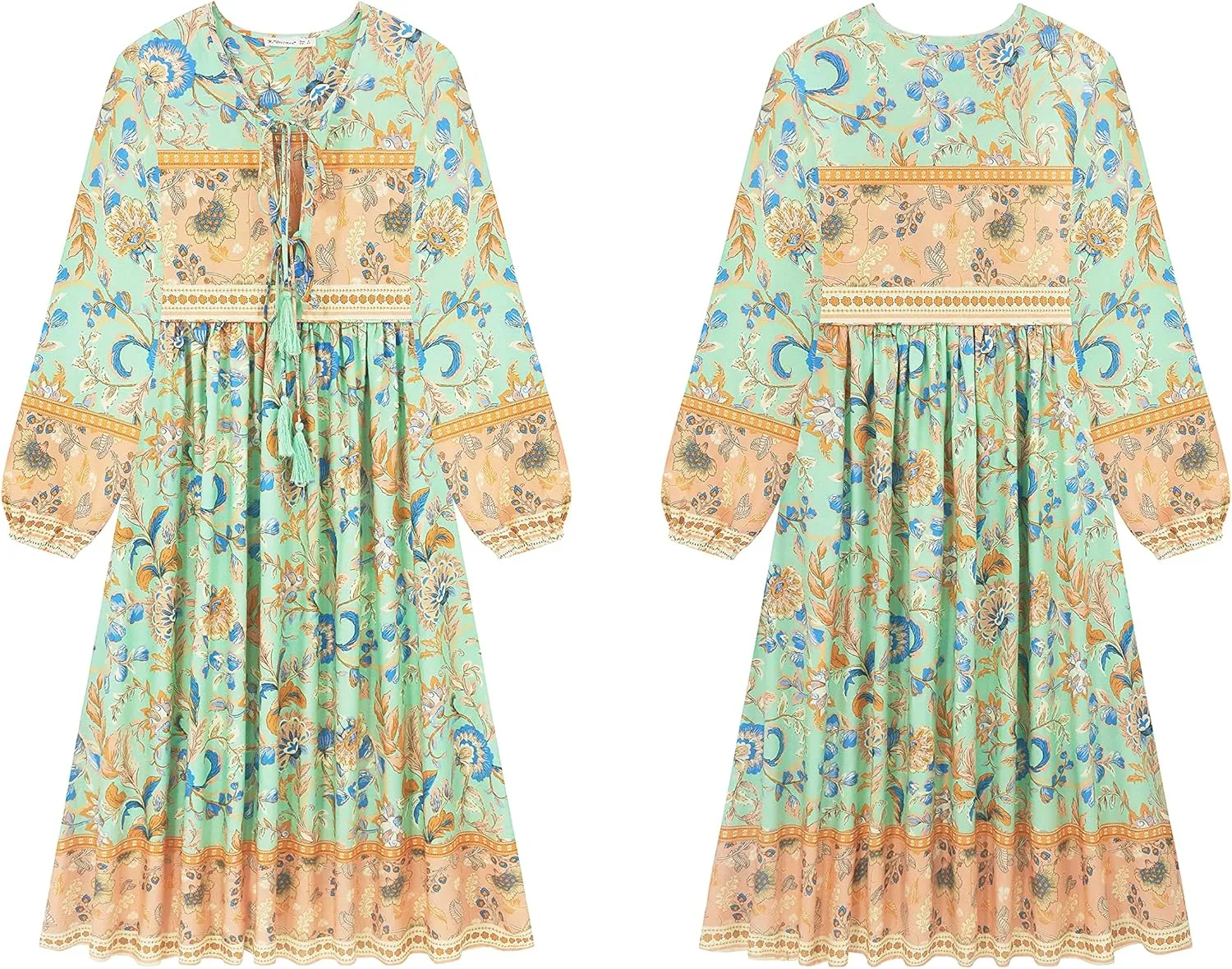 R.Vivimos Women's Long Sleeve Floral Print Retro V Neck Tassel Bohemian Midi Dresses