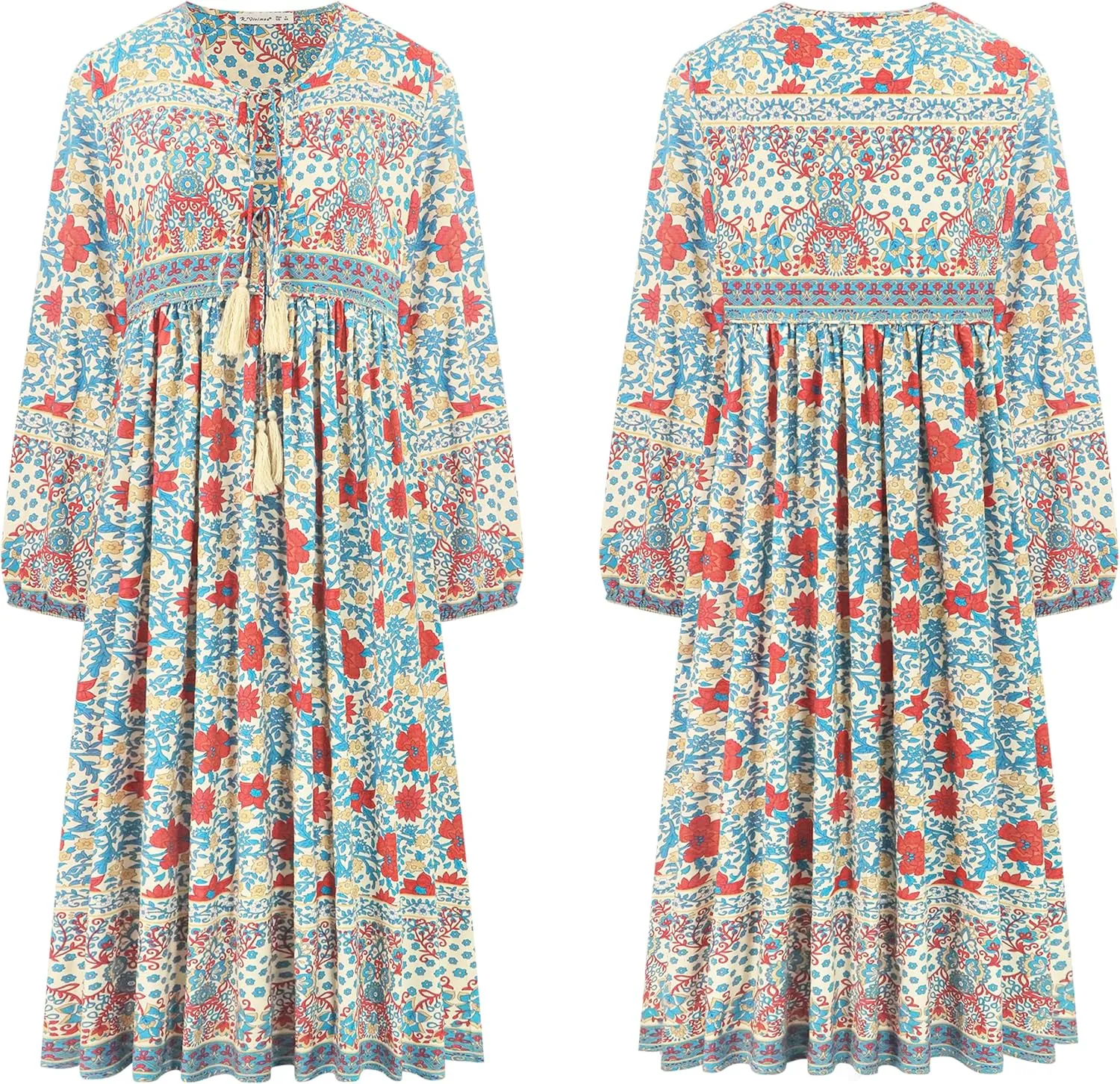 R.Vivimos Women's Long Sleeve Floral Print Retro V Neck Tassel Bohemian Midi Dresses