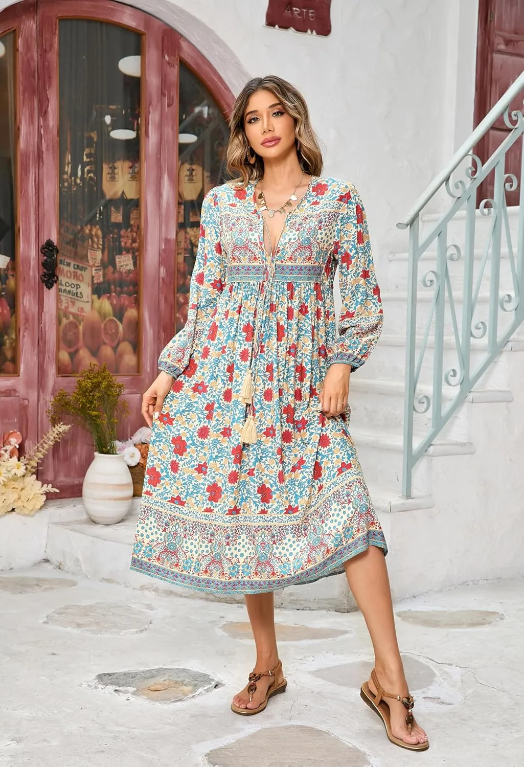 R.Vivimos Women's Long Sleeve Floral Print Retro V Neck Tassel Bohemian Midi Dresses