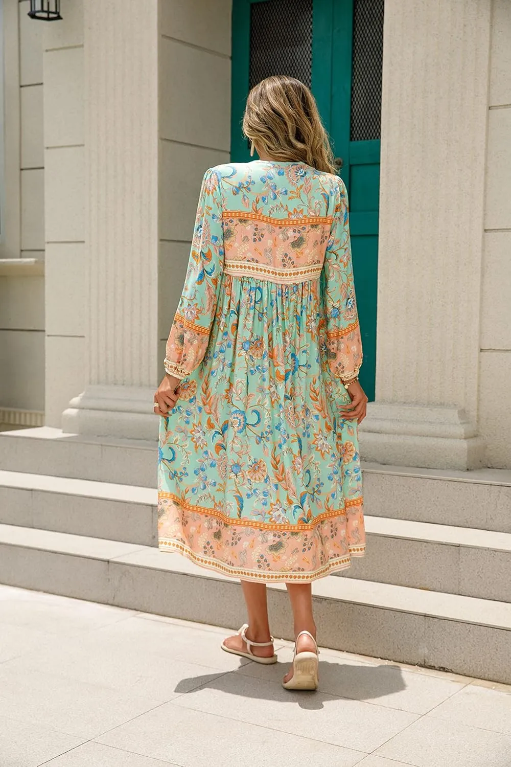 R.Vivimos Women's Long Sleeve Floral Print Retro V Neck Tassel Bohemian Midi Dresses
