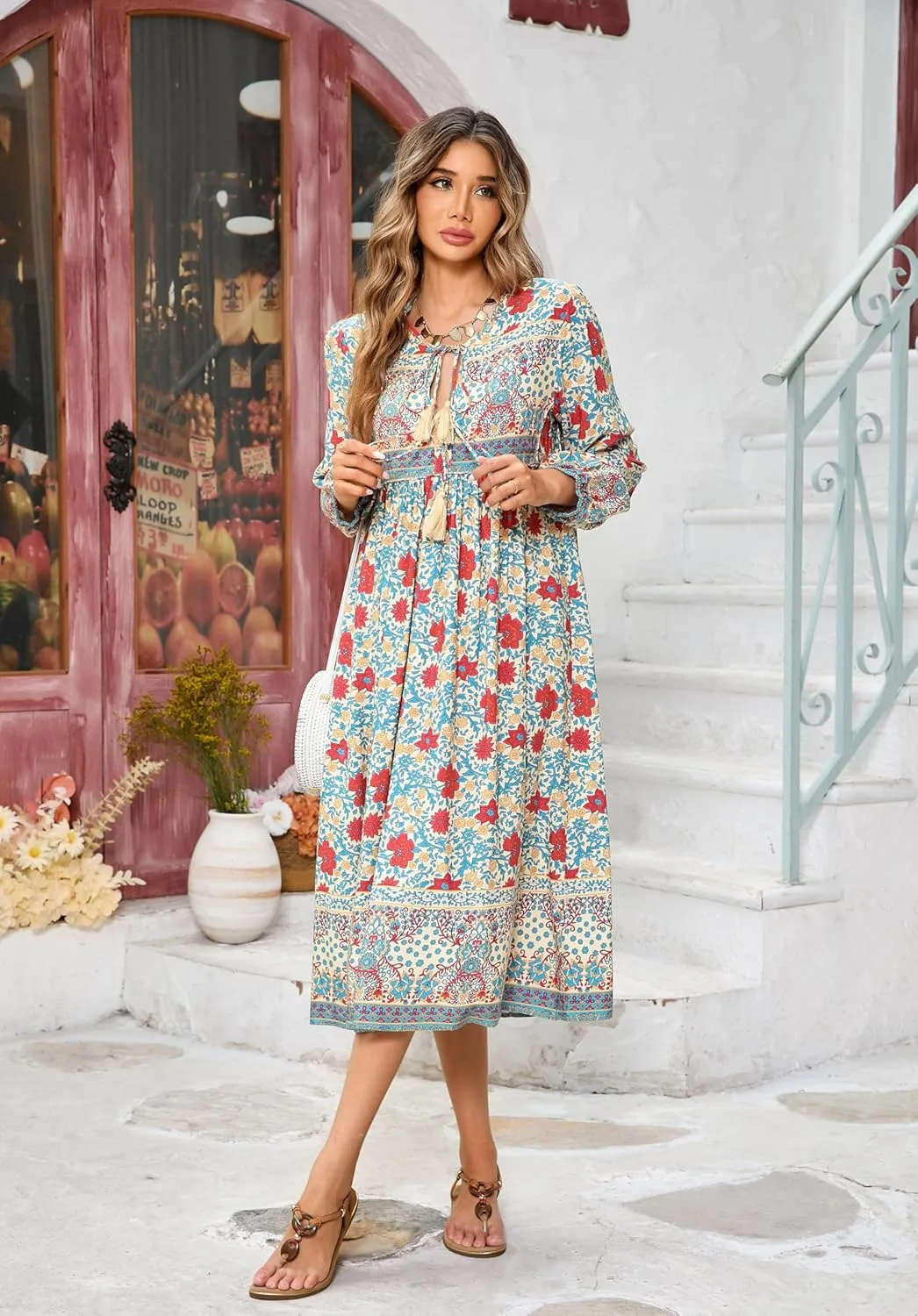 R.Vivimos Women's Long Sleeve Floral Print Retro V Neck Tassel Bohemian Midi Dresses