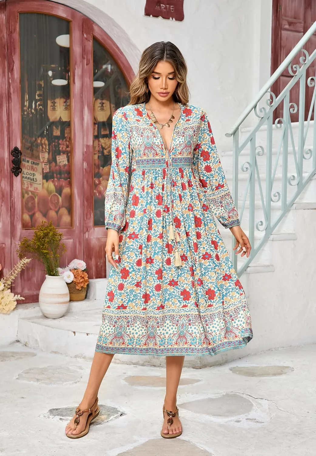 R.Vivimos Women's Long Sleeve Floral Print Retro V Neck Tassel Bohemian Midi Dresses