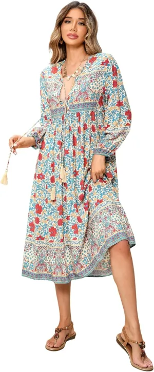 R.Vivimos Women's Long Sleeve Floral Print Retro V Neck Tassel Bohemian Midi Dresses