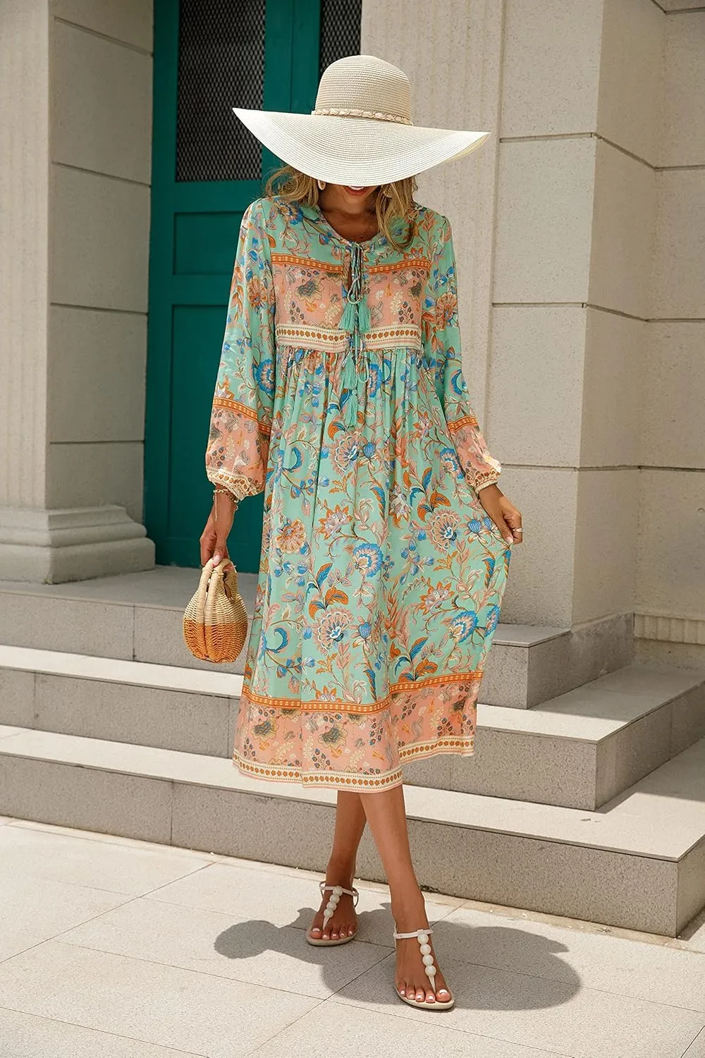 R.Vivimos Women's Long Sleeve Floral Print Retro V Neck Tassel Bohemian Midi Dresses
