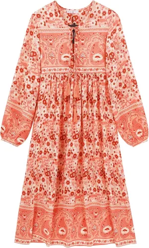 R.Vivimos Women's Long Sleeves Floral Print Retro V Neck Tassel Casual Bohemian Midi Dresses