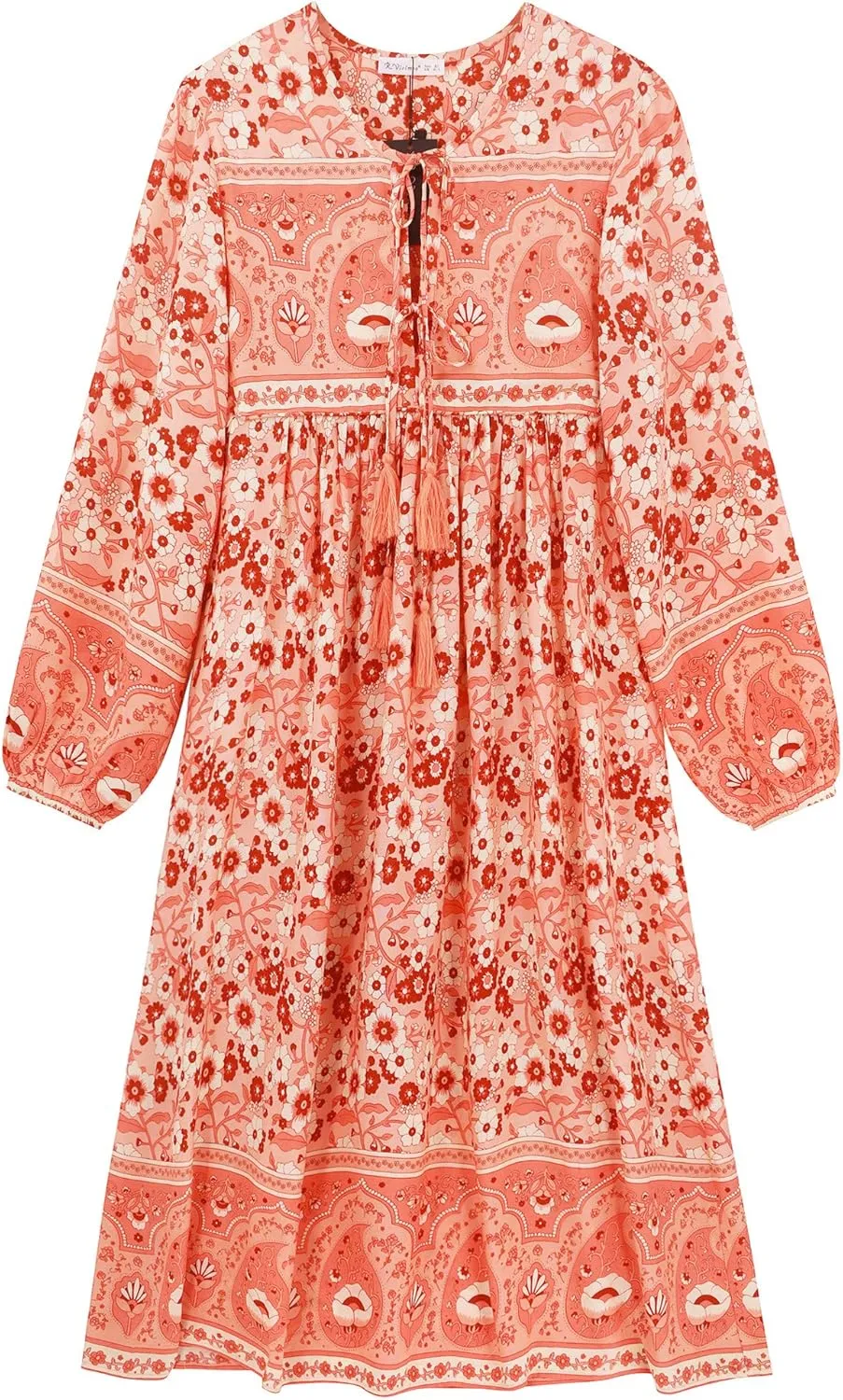 R.Vivimos Women's Long Sleeves Floral Print Retro V Neck Tassel Casual Bohemian Midi Dresses