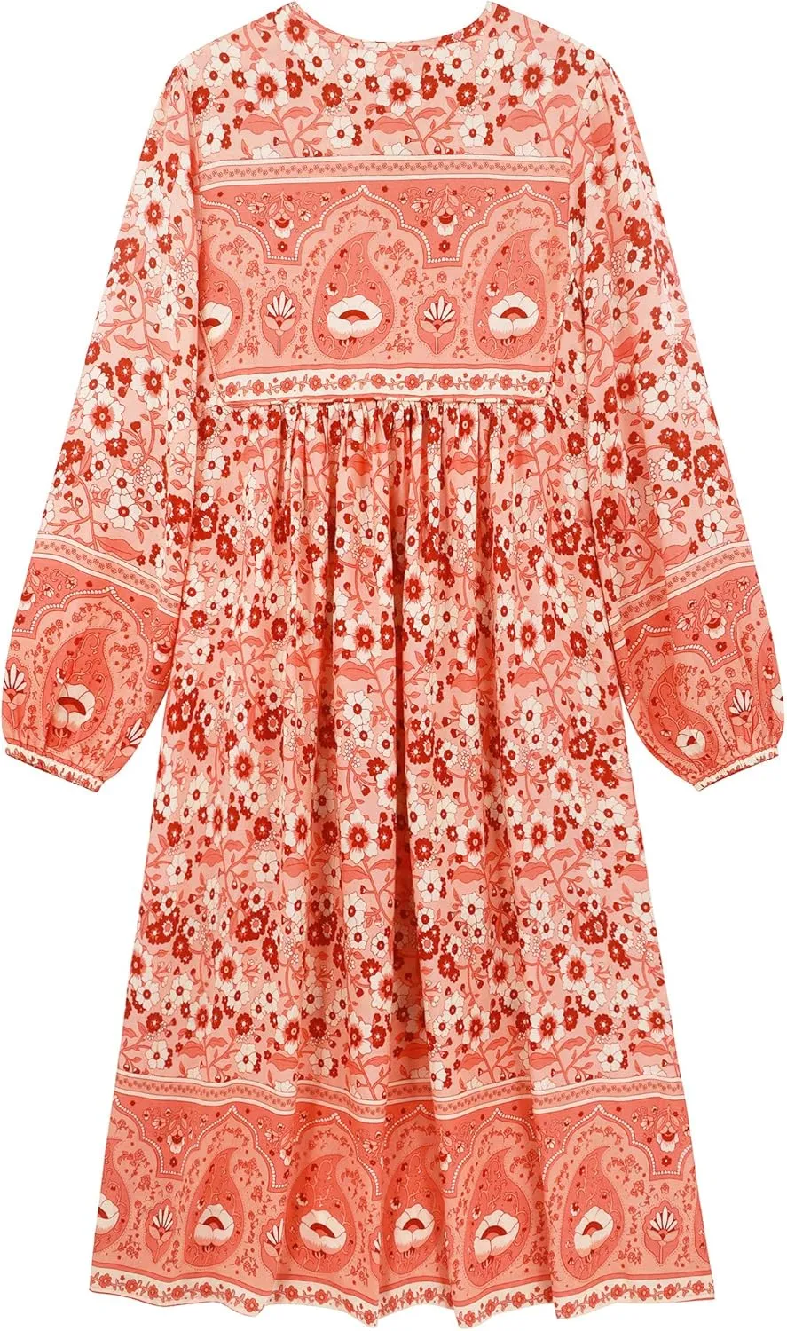 R.Vivimos Women's Long Sleeves Floral Print Retro V Neck Tassel Casual Bohemian Midi Dresses
