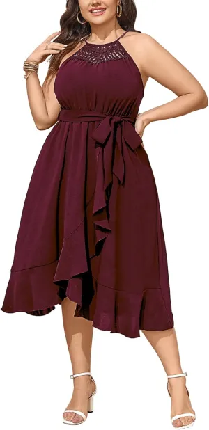 SCOMCHIC Womens Plus Size Summer Dresses Sleeveless Halter Neck A Line High Low Split Ruffle Long Dress with Belt