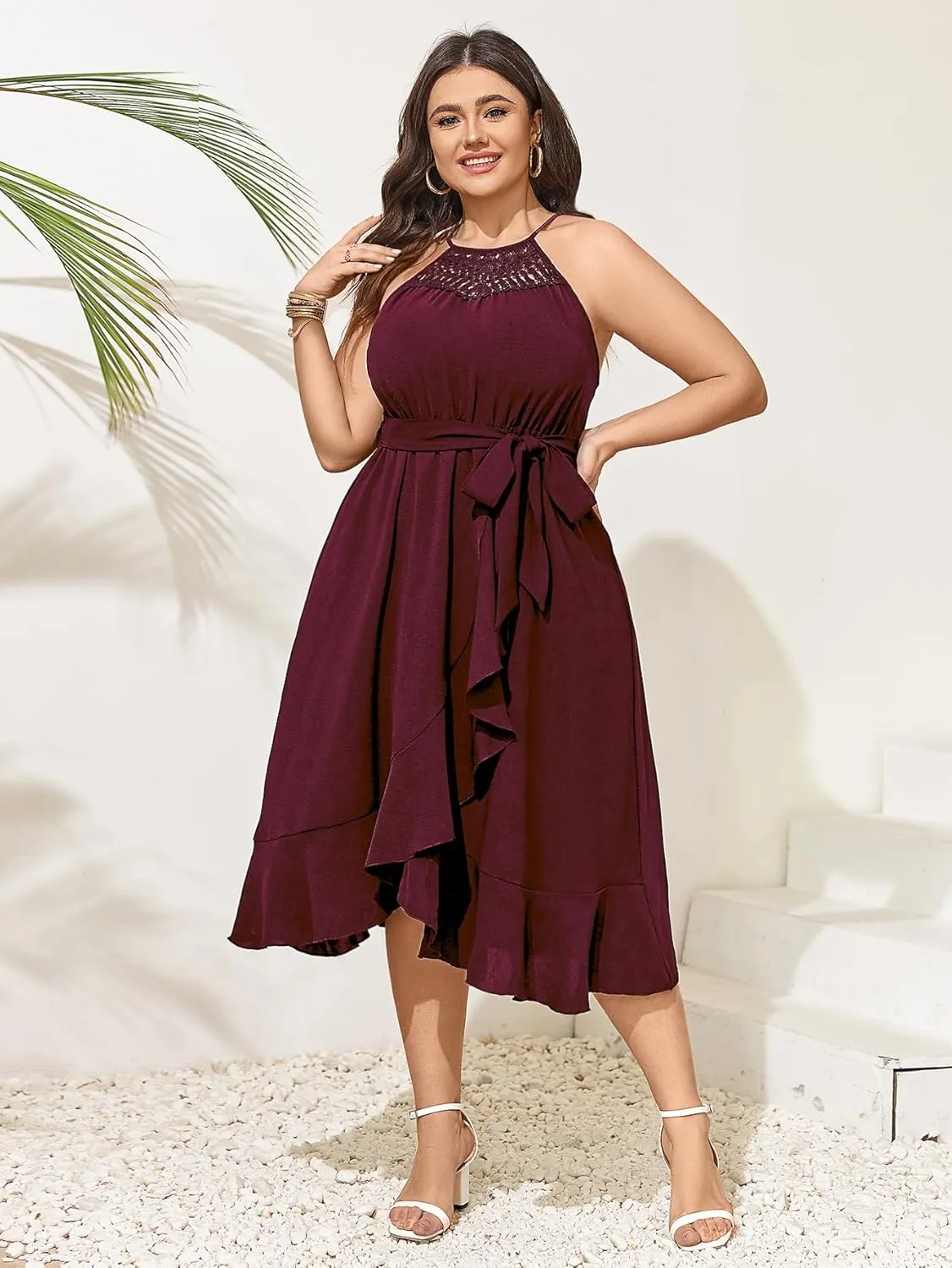 SCOMCHIC Womens Plus Size Summer Dresses Sleeveless Halter Neck A Line High Low Split Ruffle Long Dress with Belt