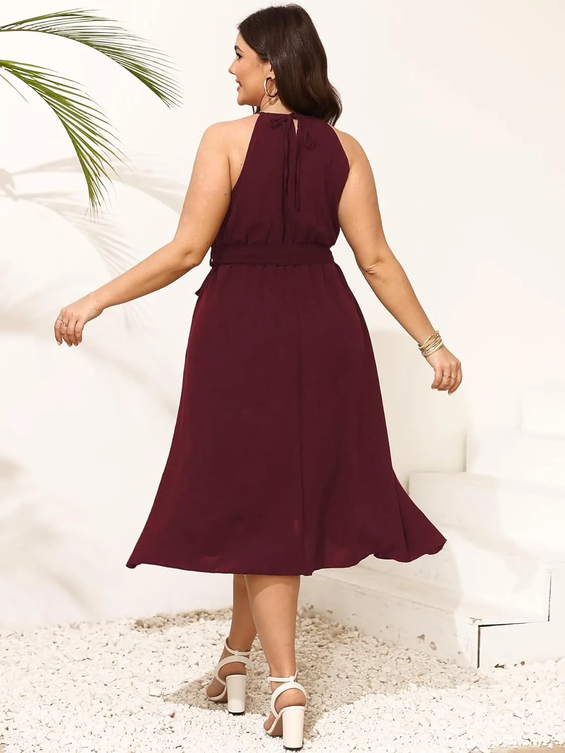 SCOMCHIC Womens Plus Size Summer Dresses Sleeveless Halter Neck A Line High Low Split Ruffle Long Dress with Belt