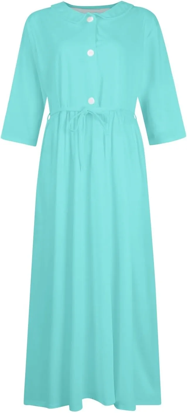 SERYU Womens Floral Summer Dress Boho 3/4 Sleeve Lapel Neck Button A-Line Lace-Up Sundress Vacation Beach Long Dresses