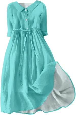 SERYU Womens Floral Summer Dress Boho 3/4 Sleeve Lapel Neck Button A-Line Lace-Up Sundress Vacation Beach Long Dresses