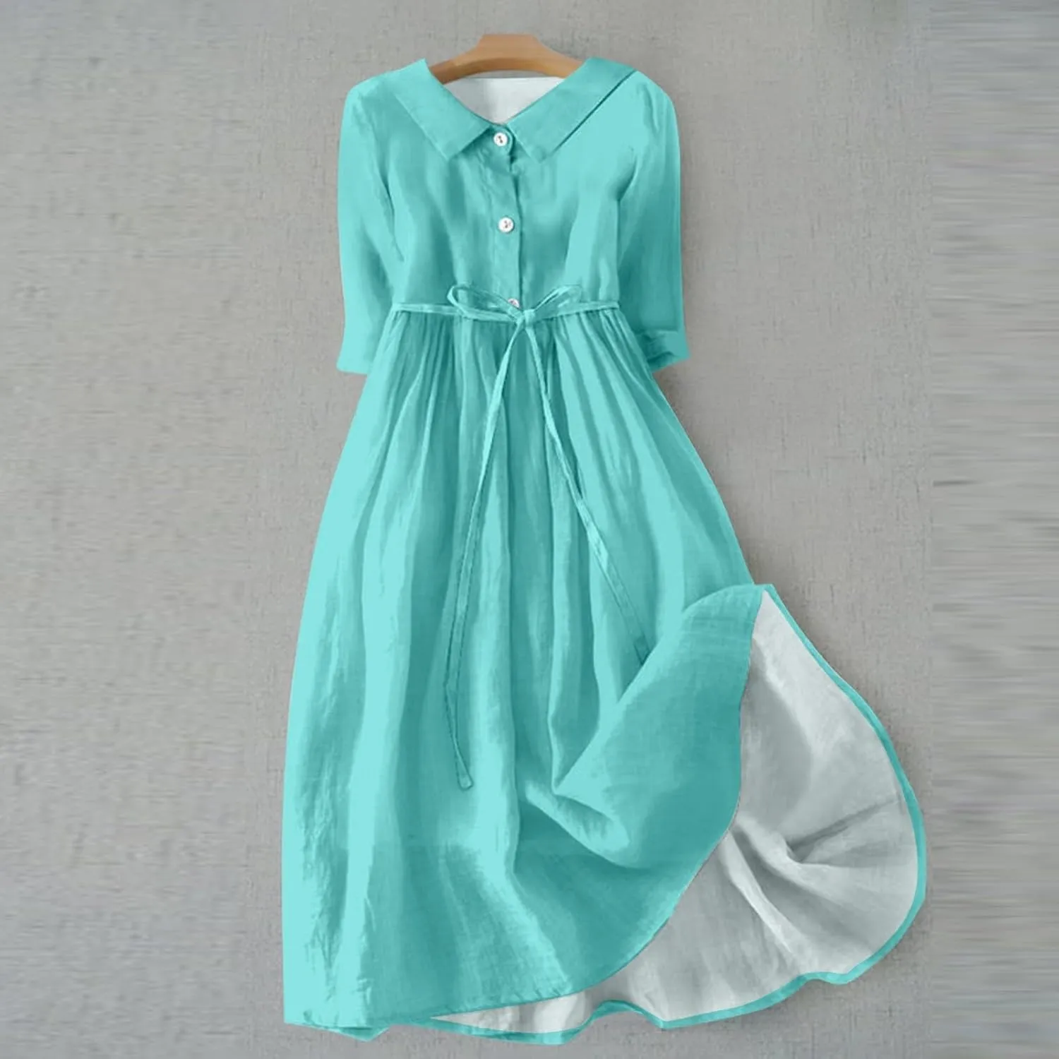 SERYU Womens Floral Summer Dress Boho 3/4 Sleeve Lapel Neck Button A-Line Lace-Up Sundress Vacation Beach Long Dresses