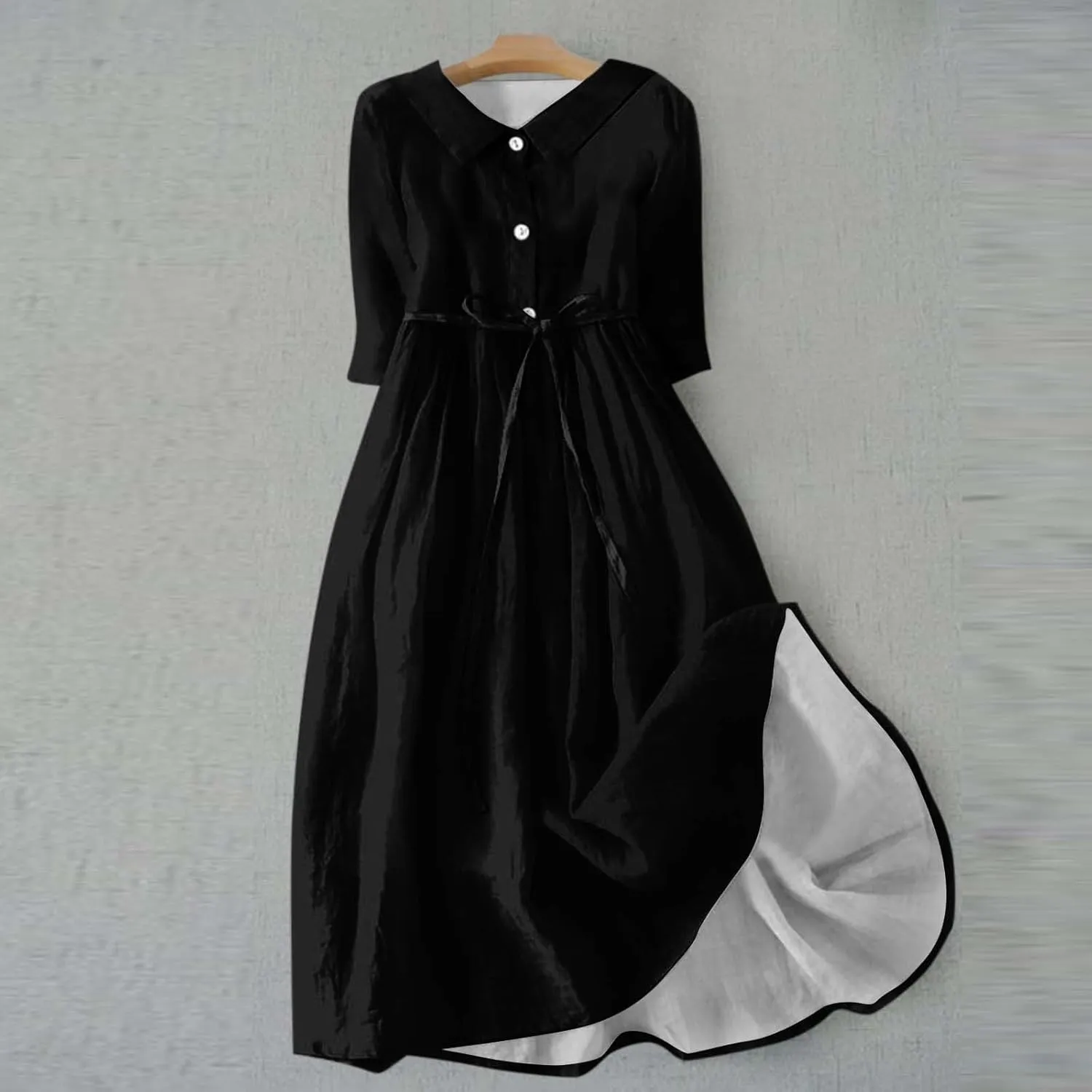 SERYU Womens Floral Summer Dress Boho 3/4 Sleeve Lapel Neck Button A-Line Lace-Up Sundress Vacation Beach Long Dresses