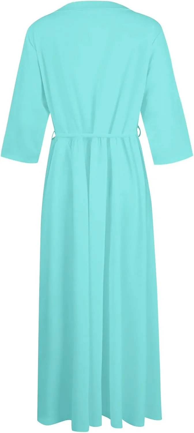 SERYU Womens Floral Summer Dress Boho 3/4 Sleeve Lapel Neck Button A-Line Lace-Up Sundress Vacation Beach Long Dresses