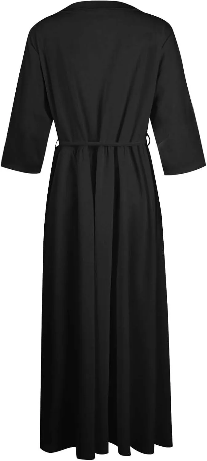 SERYU Womens Floral Summer Dress Boho 3/4 Sleeve Lapel Neck Button A-Line Lace-Up Sundress Vacation Beach Long Dresses