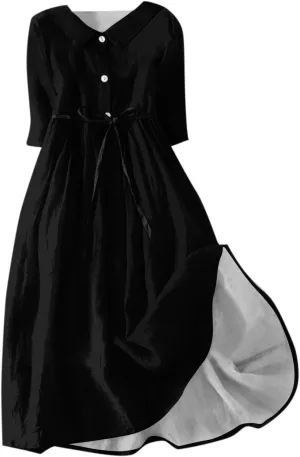 SERYU Womens Floral Summer Dress Boho 3/4 Sleeve Lapel Neck Button A-Line Lace-Up Sundress Vacation Beach Long Dresses