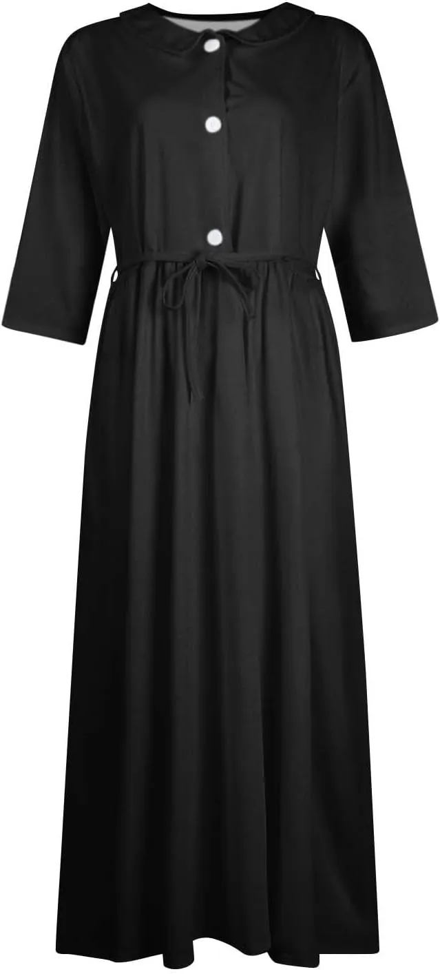 SERYU Womens Floral Summer Dress Boho 3/4 Sleeve Lapel Neck Button A-Line Lace-Up Sundress Vacation Beach Long Dresses