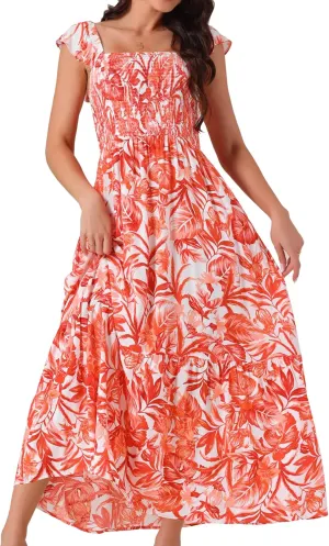 Seta T Women's Summer Dress Smocked Boho Sundress Square Neck Ruffle Cap Sleeve Floral Flowy Maxi Dress