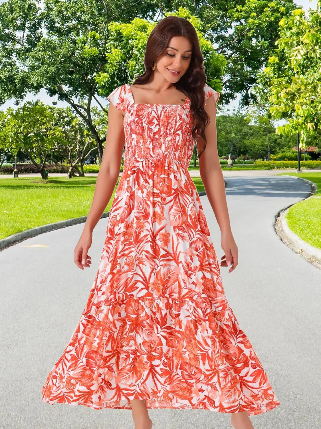 Seta T Women's Summer Dress Smocked Boho Sundress Square Neck Ruffle Cap Sleeve Floral Flowy Maxi Dress