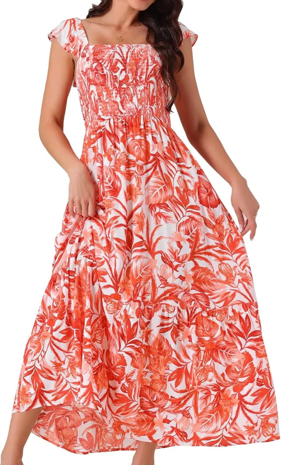Seta T Women's Summer Dress Smocked Boho Sundress Square Neck Ruffle Cap Sleeve Floral Flowy Maxi Dress