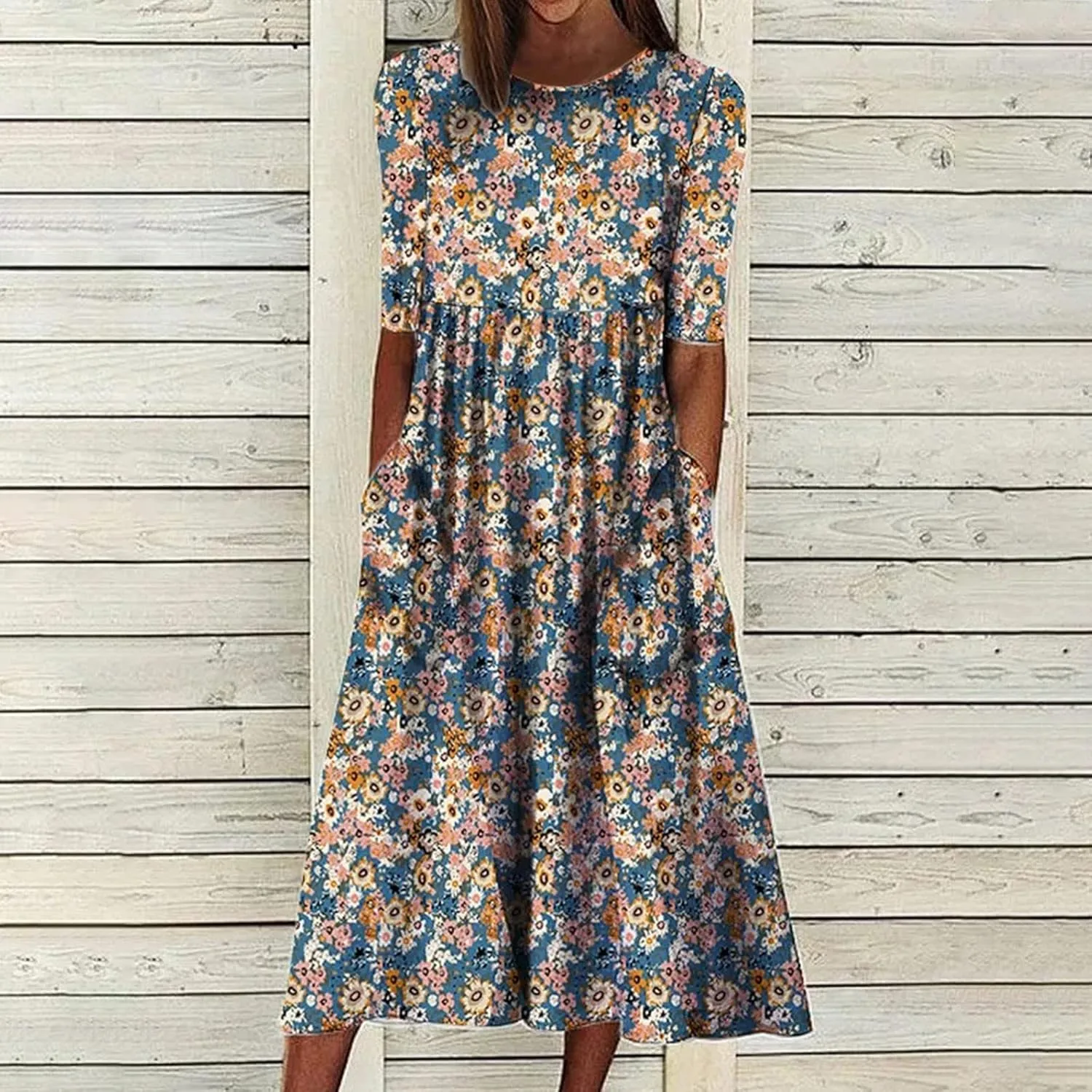 SGASY Plus Size Casual Loose Dresses for Curvy Women 2024 Summer Short Sleeve Shift Flowy Midi Dress with Pockets