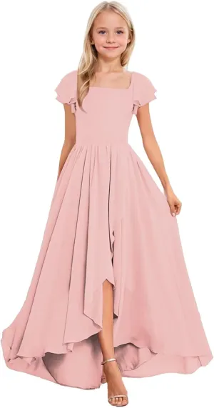 Short Sleeve Junior Bridesmaid Dresses Long Chiffon A Line Flower Girl Dress for Wedding