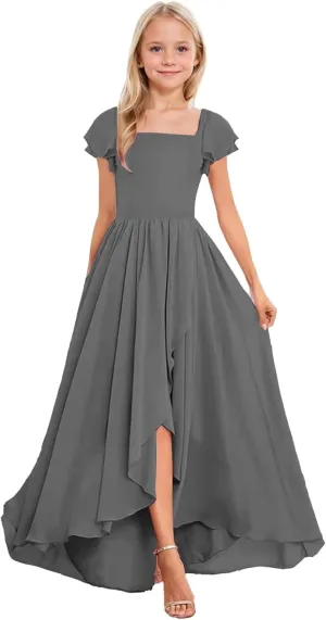 Short Sleeve Junior Bridesmaid Dresses Long Chiffon A Line Flower Girl Dress for Wedding